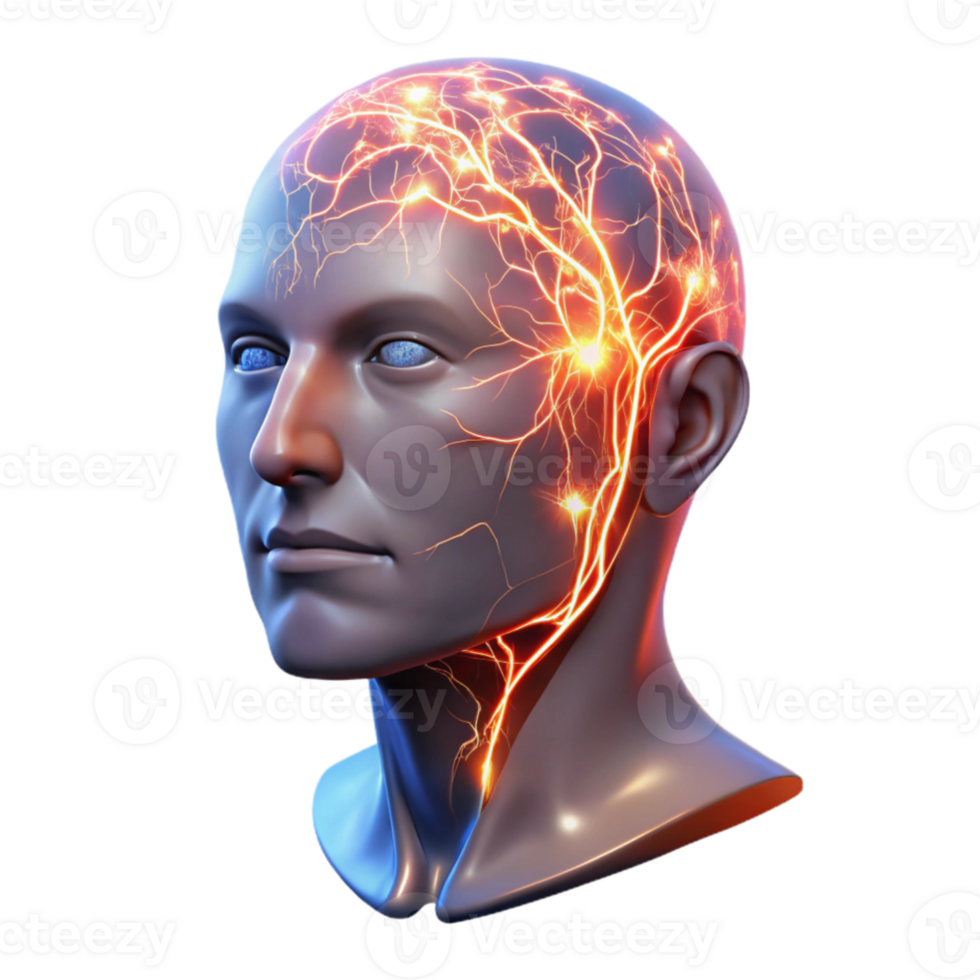serene abstract A transparent human head with visible neural pathways firing, vibrant electrical sparks, clinical lighting, anatomical style 4K png