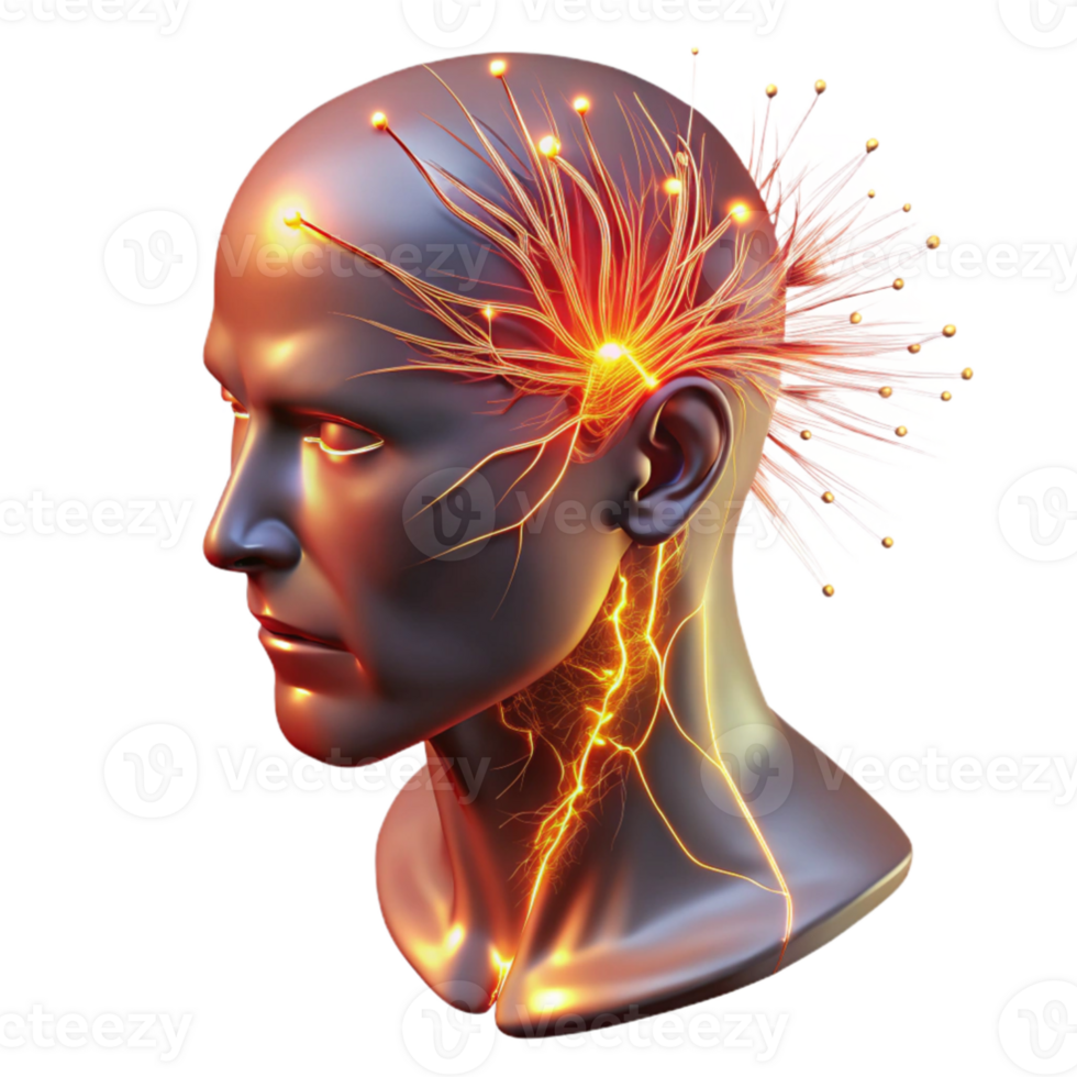 magnificent minimalist A transparent human head with visible neural pathways firing, vibrant electrical sparks, clinical lighting, anatomical style 4K png