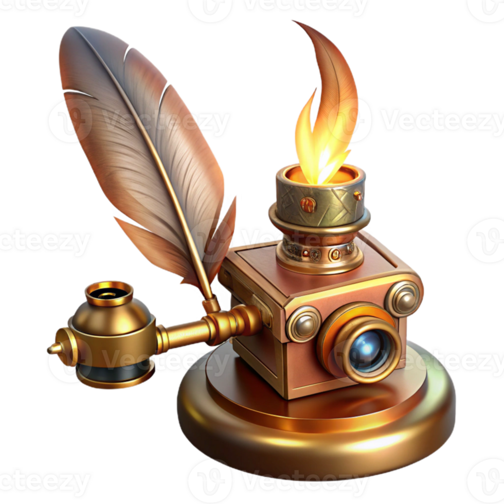 elegant abstract A steampunk inspired automaton writing with a quill pen, brass and copper textures, warm candlelight, illustrative style genuine png