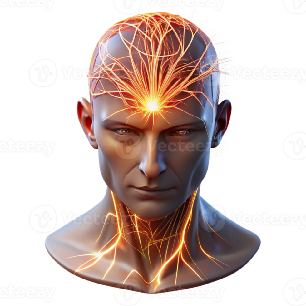 impressive abstract A transparent human head with visible neural pathways firing, vibrant electrical sparks, clinical lighting, anatomical style premium png