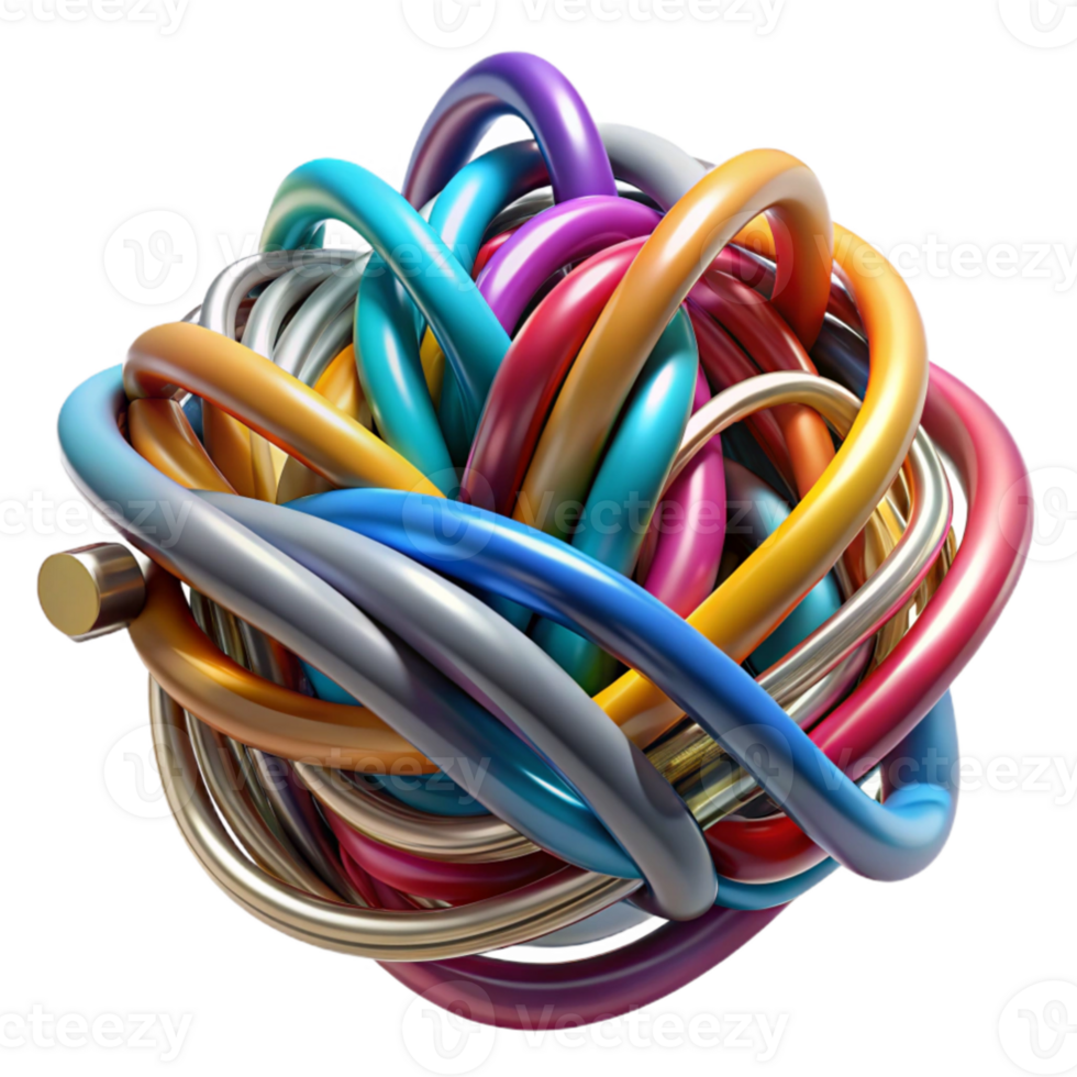 dramatic artistic A tangled mess of colorful wires and cables, metallic sheen, studio lighting, abstract style 4K png