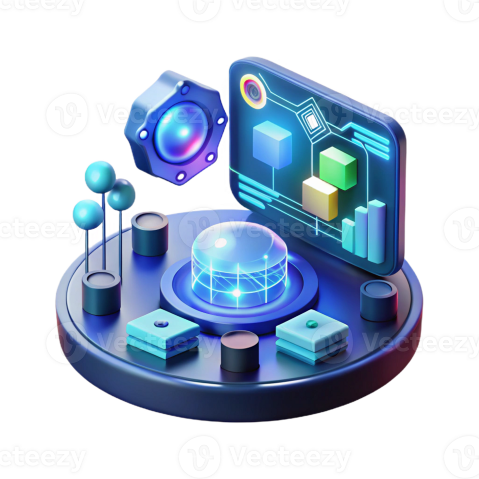 elegant artistic A floating artificial intelligence interface displaying complex data visualizations, holographic projections, cool blue lighting, futuristic style 4K png