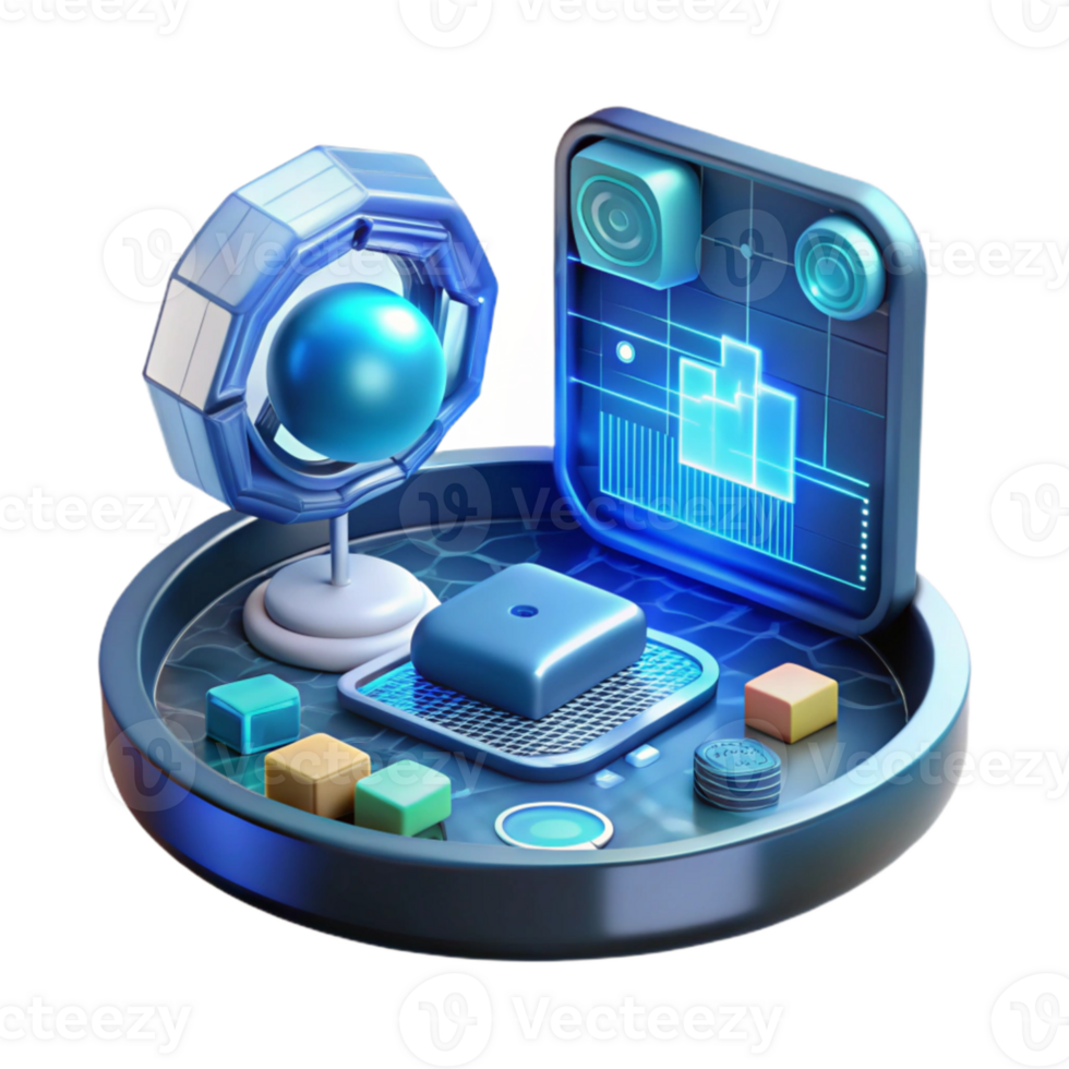 vibrant creative A floating artificial intelligence interface displaying complex data visualizations, holographic projections, cool blue lighting, futuristic style 4K png