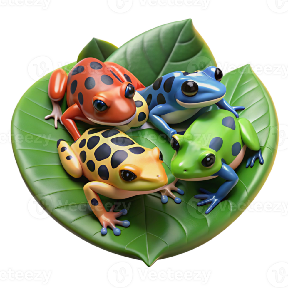 dramatic modern A group of colorful poison dart frogs gathered on a giant leaf, rainforest setting with dappled light, nature photography style high resolution png