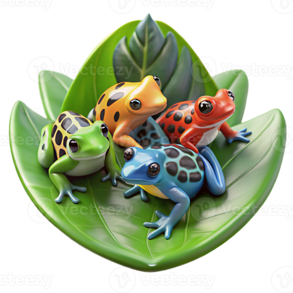 magnificent classic A group of colorful poison dart frogs gathered on a giant leaf, rainforest setting with dappled light, nature photography style detailed png