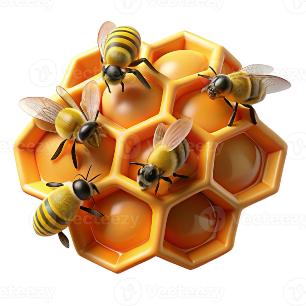 beautiful creative A swarm of honeybees buzzing around a honeycomb, close up macro photography, golden light 4K png