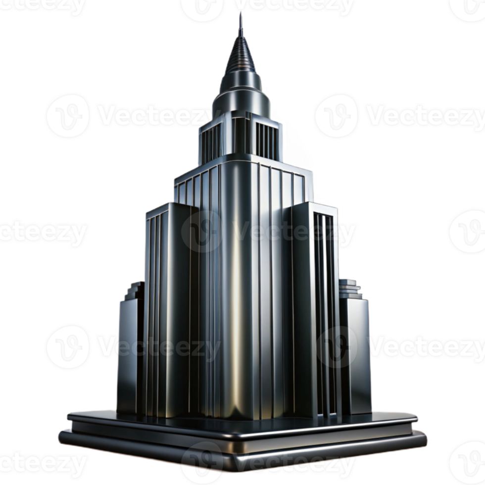 impressive abstract Art Deco skyscraper, chrome and black glass, sharp lines, volumetric lighting, high contrast, noir style high quality png
