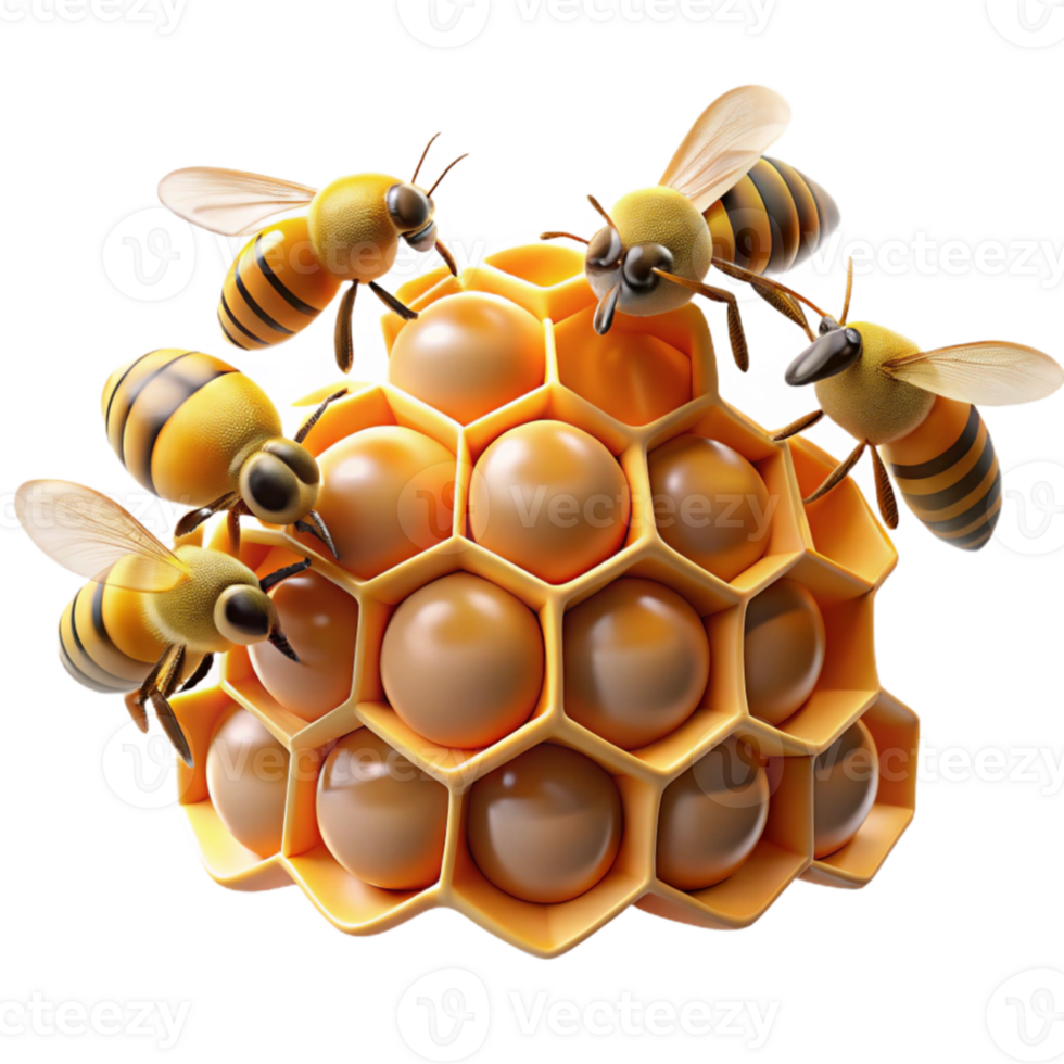 wonderful creative A swarm of honeybees buzzing around a honeycomb, close up macro photography, golden light detailed png