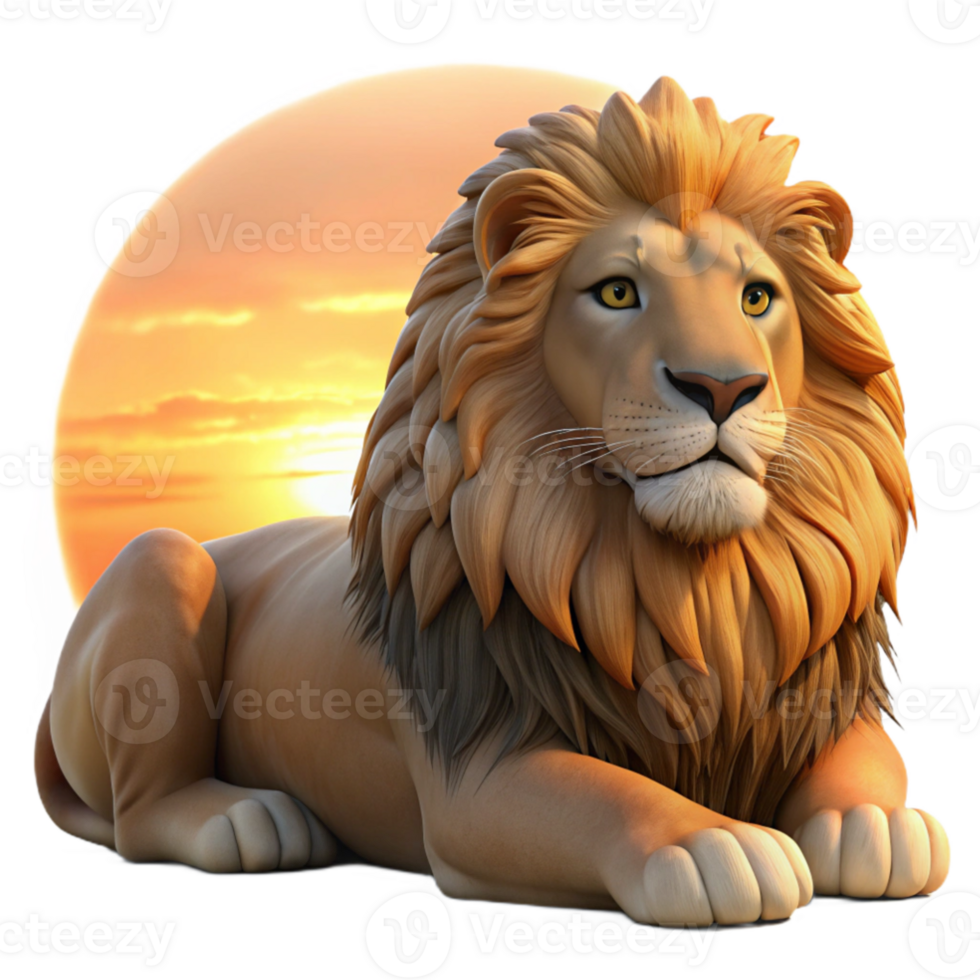 impressive creative A regal lion resting in the savanna, dramatic sunset lighting, realistic animal portrait style genuine png