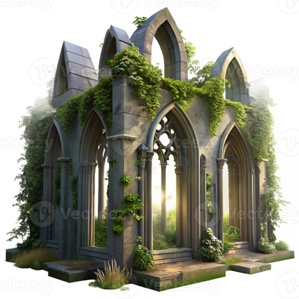 serene creative A crumbling gothic cathedral overgrown with vines, dappled sunlight through broken stained glass, hyperrealistic, ethereal mood detailed png