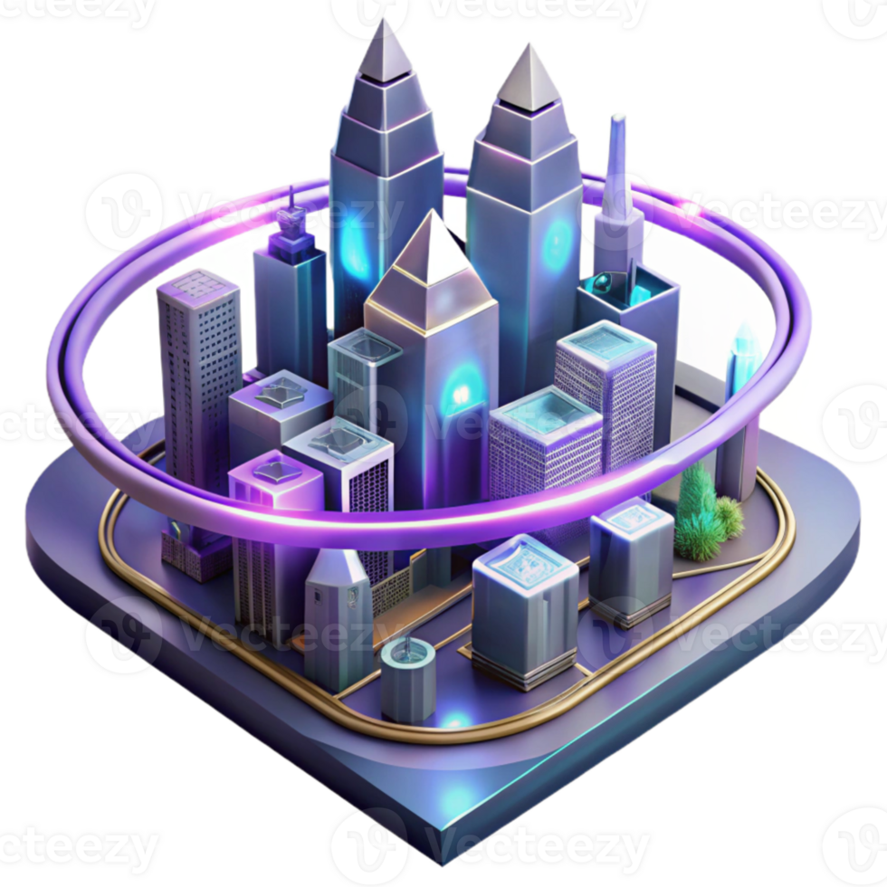 dramatic classic Futuristic cityscape of floating crystalline structures, neon light trails, cyberpunk aesthetic, isometric perspective high resolution png