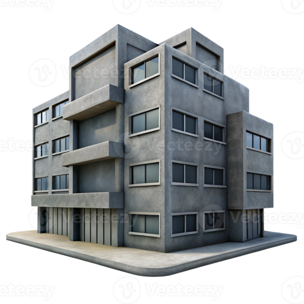 dramatic modern A single Brutalist concrete apartment block, stark and imposing, overcast sky, muted color palette, photorealistic detailed png
