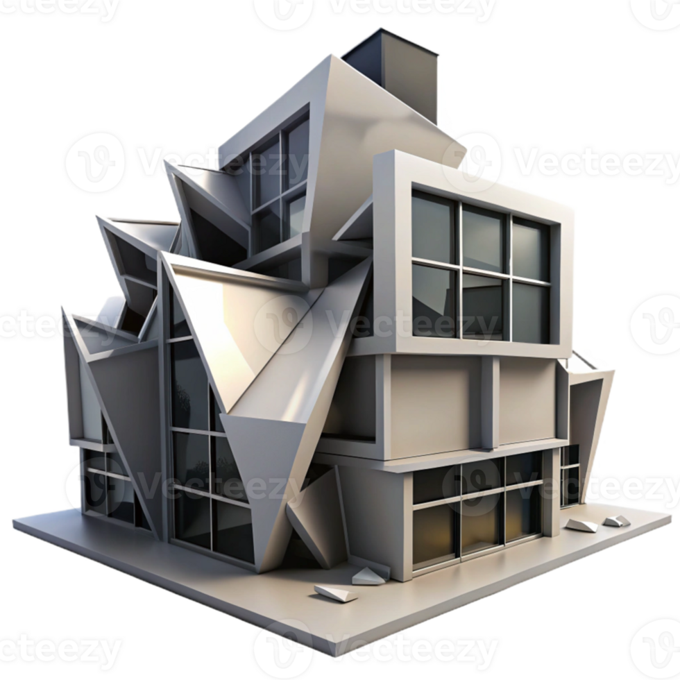 serene contemporary Deconstructivist office building, fragmented forms, sharp angles, dramatic shadows, high contrast black and white high quality png