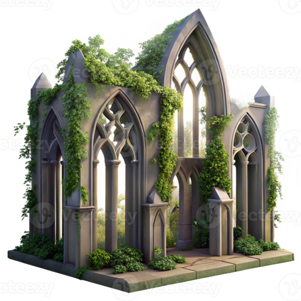 extraordinary contemporary A crumbling gothic cathedral overgrown with vines, dappled sunlight through broken stained glass, hyperrealistic, ethereal mood authentic png