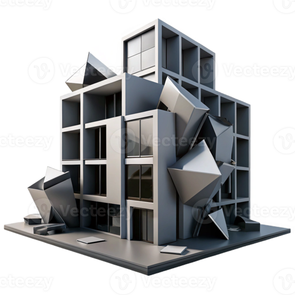 elegant modern Deconstructivist office building, fragmented forms, sharp angles, dramatic shadows, high contrast black and white authentic png