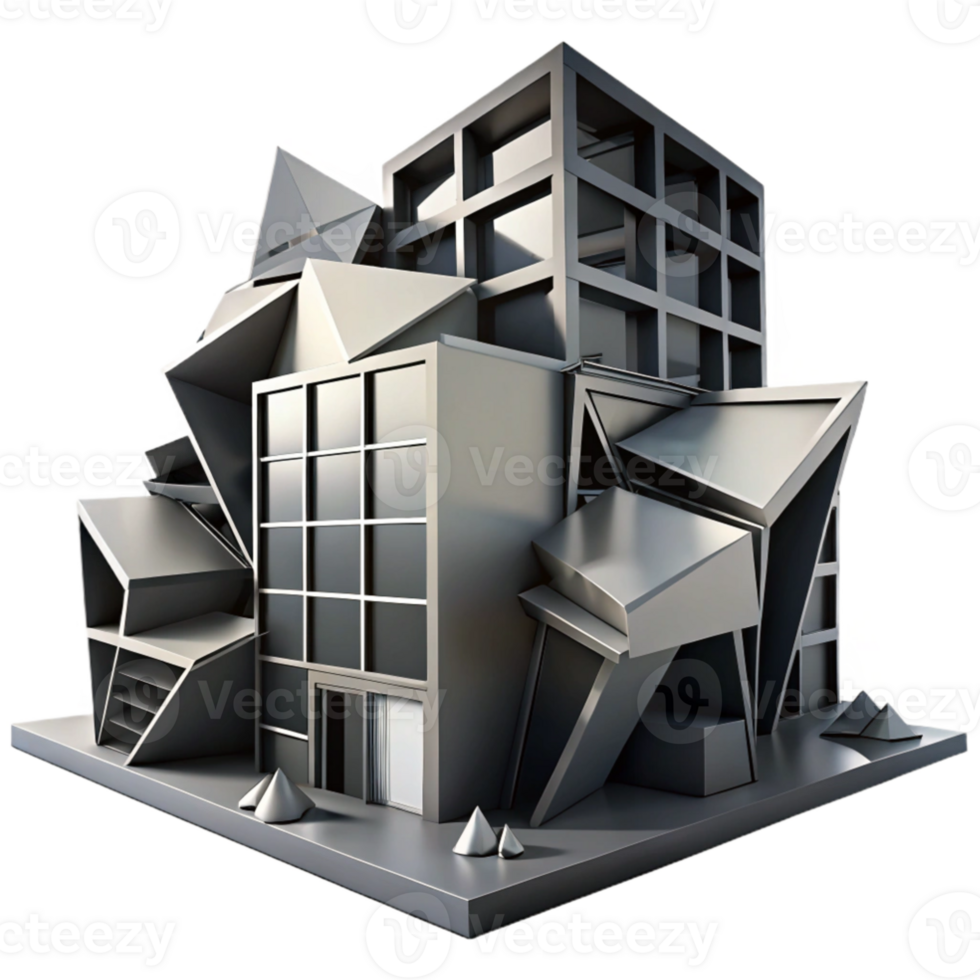 extraordinary rustic Deconstructivist office building, fragmented forms, sharp angles, dramatic shadows, high contrast black and white premium png
