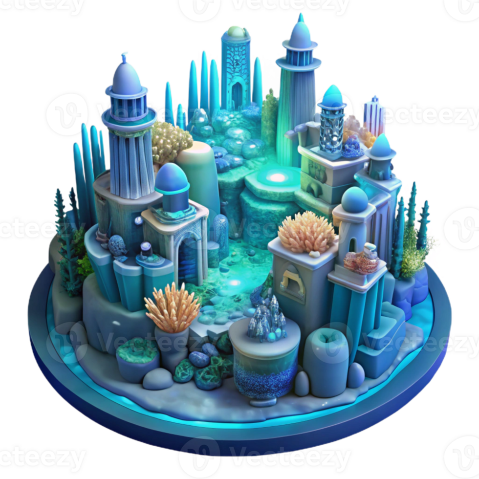 vibrant modern An underwater city built of coral and bioluminescent algae, deep ocean lighting, otherworldly, science fiction genuine png