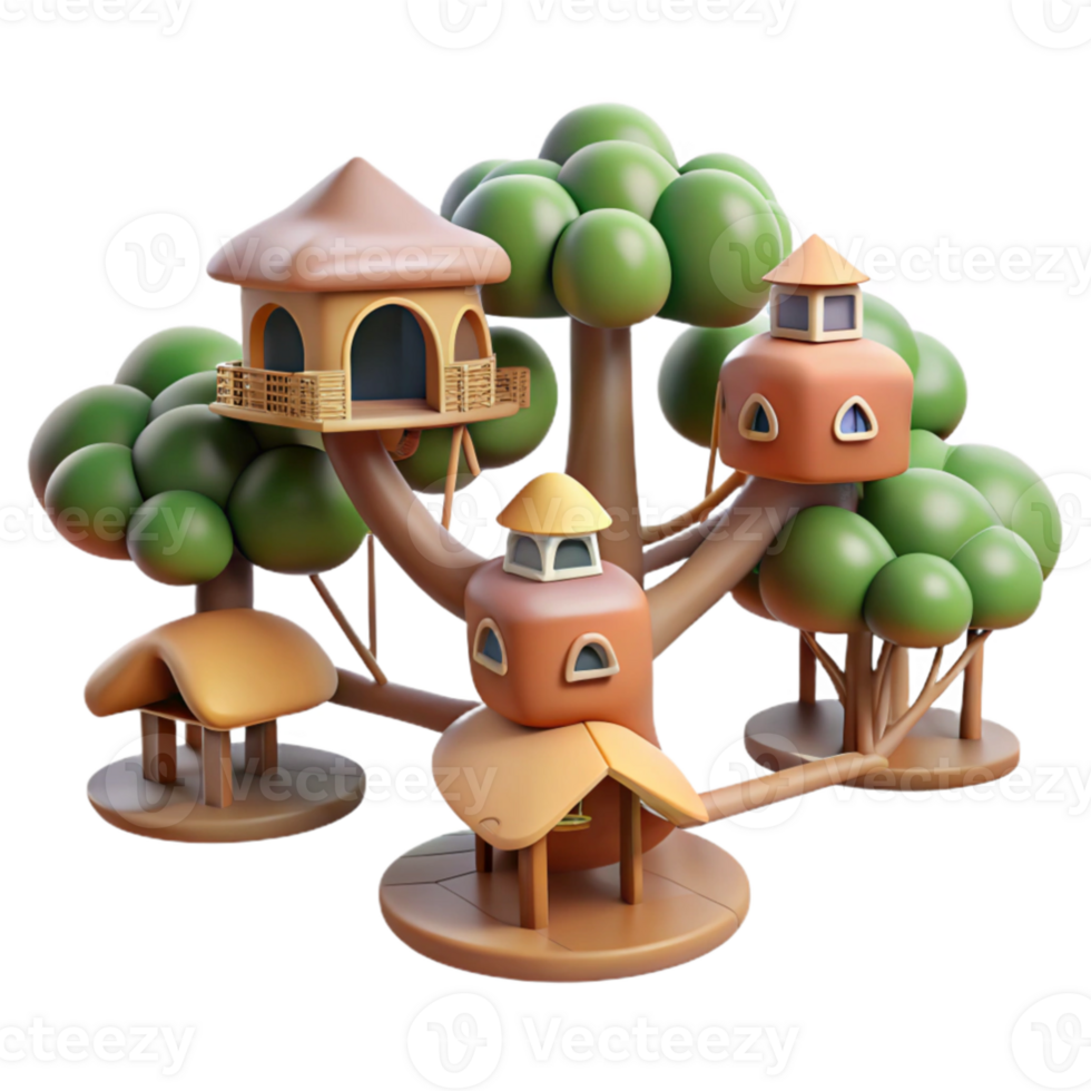 impressive vintage A network of interconnected treehouses in a dense forest, dappled sunlight, whimsical, fantasy style high resolution png
