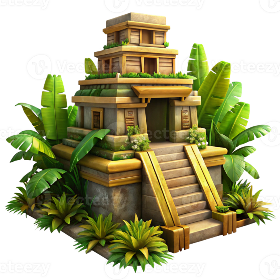 beautiful creative An ancient Mayan temple overgrown with jungle foliage, warm golden light, hyperrealistic detail, mystical atmosphere premium png