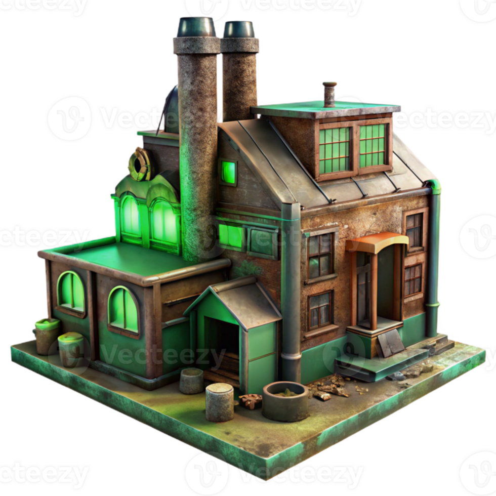 magnificent vintage An abandoned industrial factory, rusted metal, broken windows, eerie green lighting, dystopian premium png