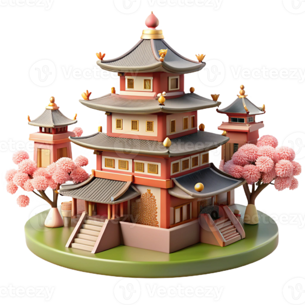 extraordinary abstract A traditional Japanese castle, intricate details, cherry blossoms in the foreground, soft spring light high resolution png