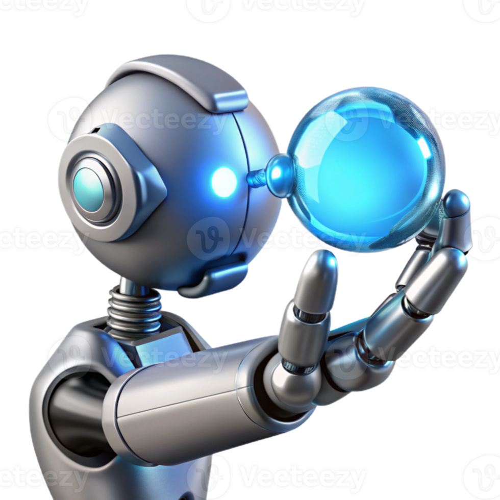 wonderful artistic A chrome robotic arm delicately holding a glowing orb of data, intricate circuitry visible beneath its polished surface, lit by a soft blue neon light. Cinematic style 4K png