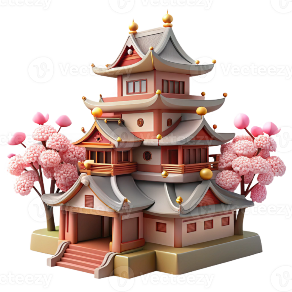 wonderful abstract A traditional Japanese castle, intricate details, cherry blossoms in the foreground, soft spring light exclusive png
