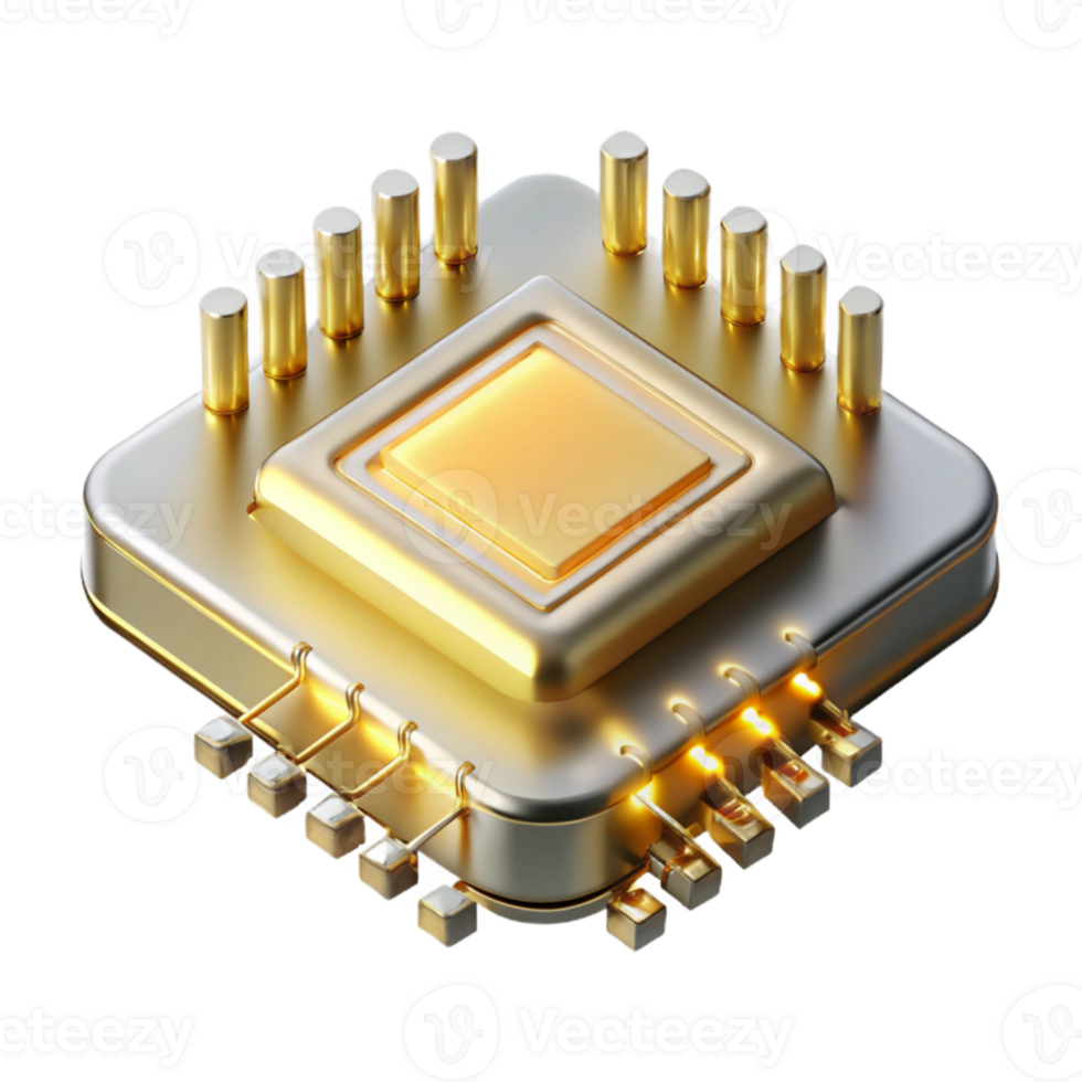 extraordinary traditional A single microchip, its golden contacts gleaming, intricate pathways etched onto its surface, dramatically lit from below with a cool, white light.... png