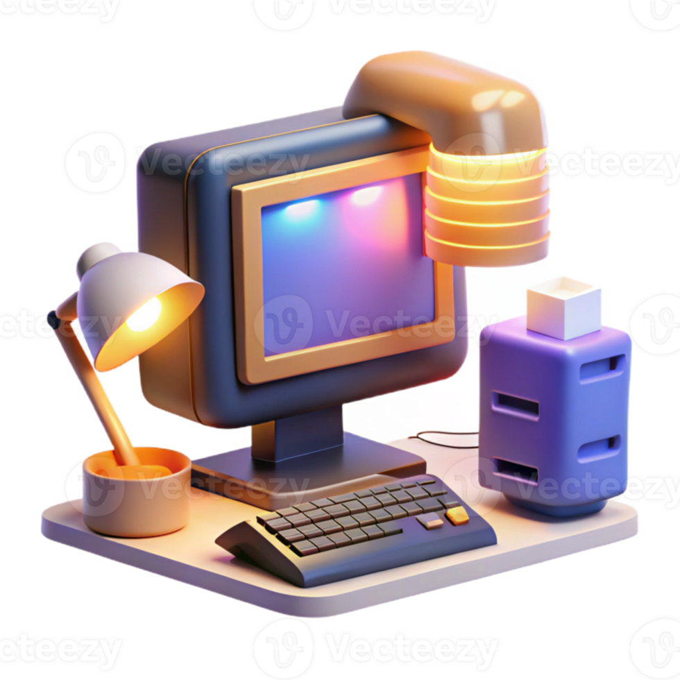 magnificent modern A vintage computer monitor displaying complex code, surrounded by scattered floppy disks and punch cards, illuminated by the warm glow of a desk lamp.... png
