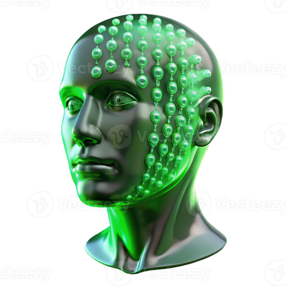 dramatic contemporary A transparent human head filled with swirling binary code, illuminated from within by a vibrant green light. Abstract style high resolution png