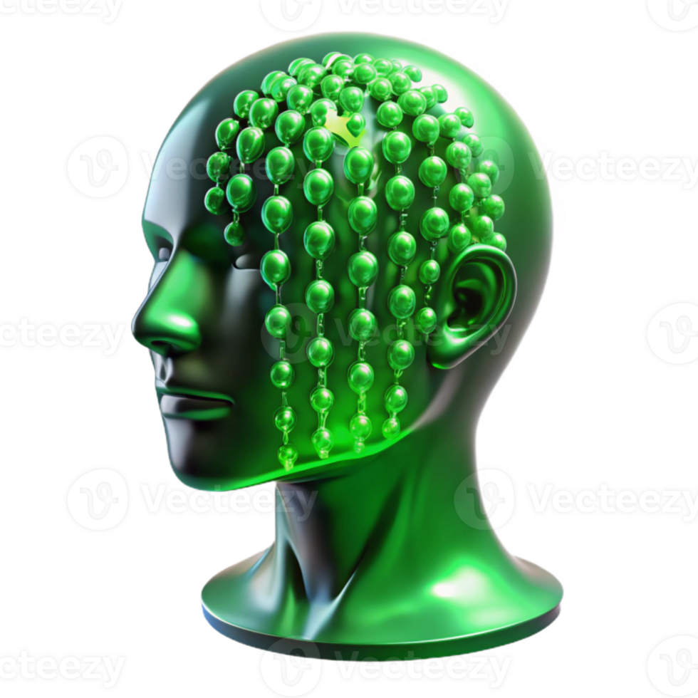 magnificent abstract A transparent human head filled with swirling binary code, illuminated from within by a vibrant green light. Abstract style high quality png
