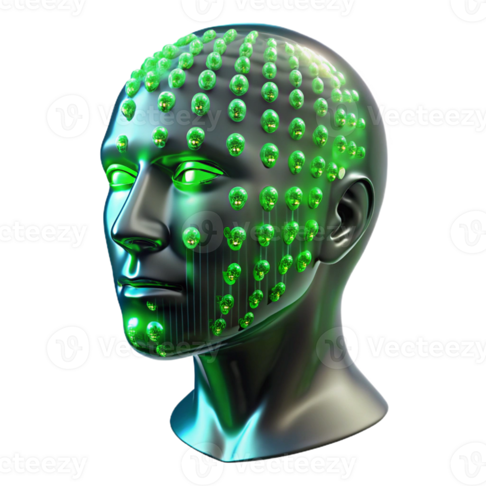 serene modern A transparent human head filled with swirling binary code, illuminated from within by a vibrant green light. Abstract style high resolution png