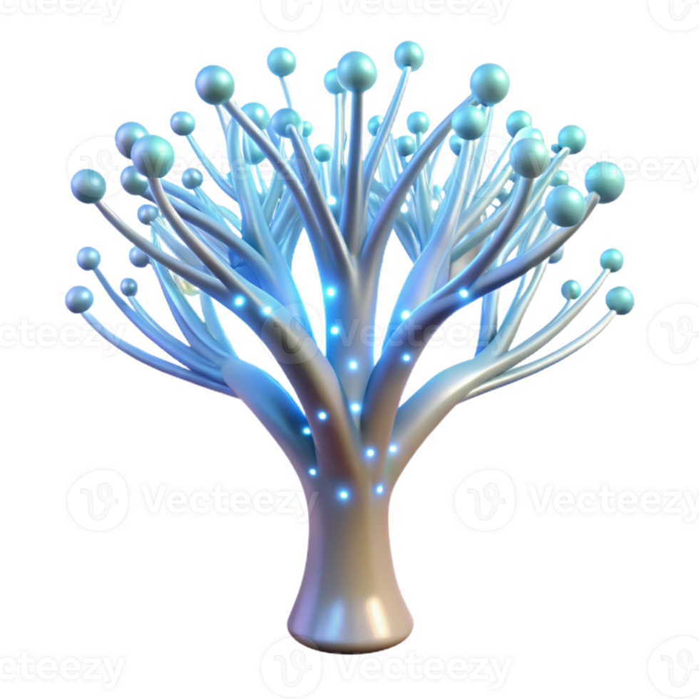 serene traditional A bioluminescent tree with branches made of fiber optic cables, softly glowing in a dark forest, dreamy and ethereal lighting. Fantasy, bioluminescence style 4K png