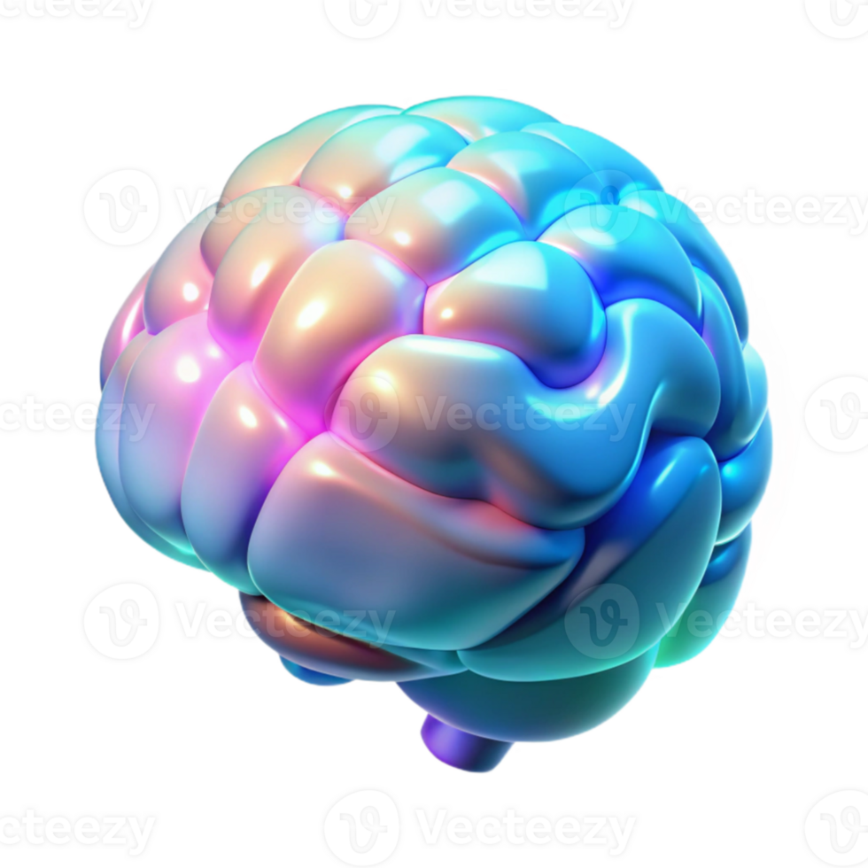 vibrant rustic A holographic projection of a human brain, rotating slowly, different areas lighting up in different colors, illuminated by a soft, blue light. Scientific visualization style authentic png