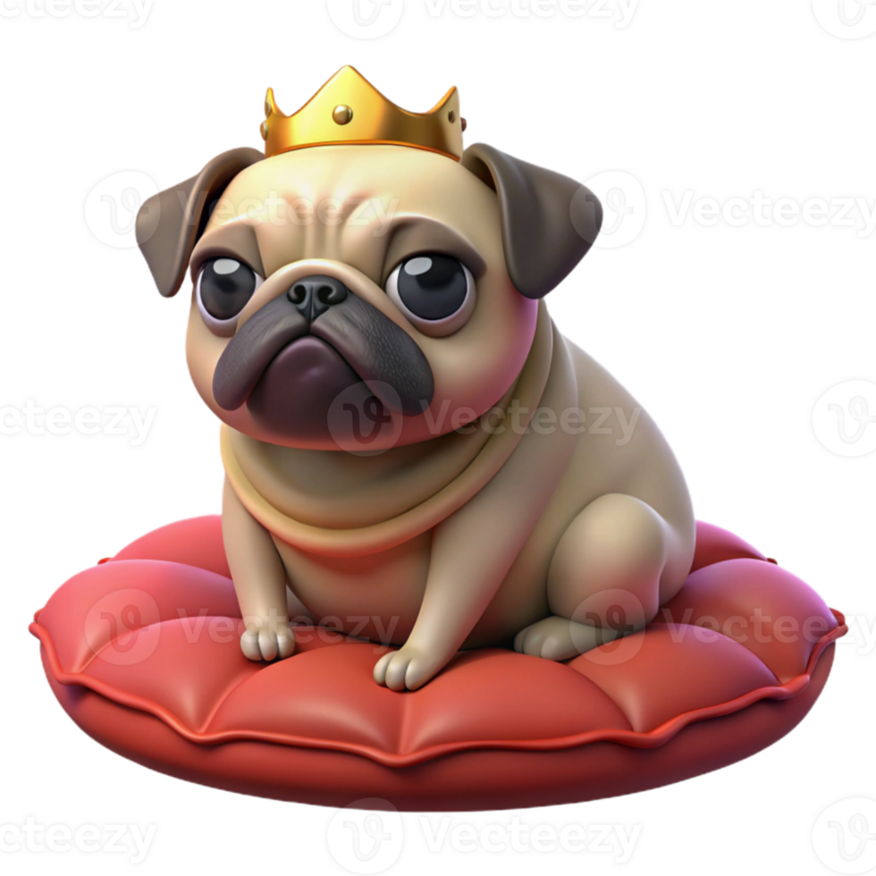 beautiful modern A grumpy looking pug wearing a tiny crown and sitting on a velvet cushion, lit by a warm, Rembrandt style chiaroscuro original png