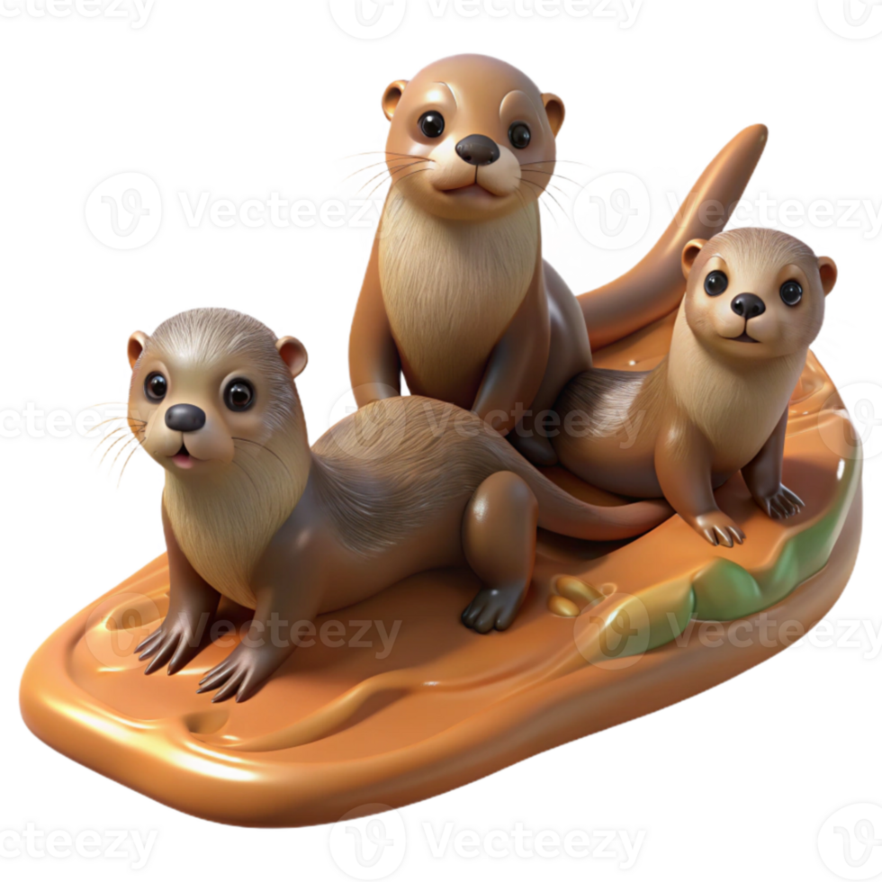 stunning abstract A family of playful river otters sliding down a muddy bank, dappled sunlight filtering through the trees, painted in an impressionistic style original png