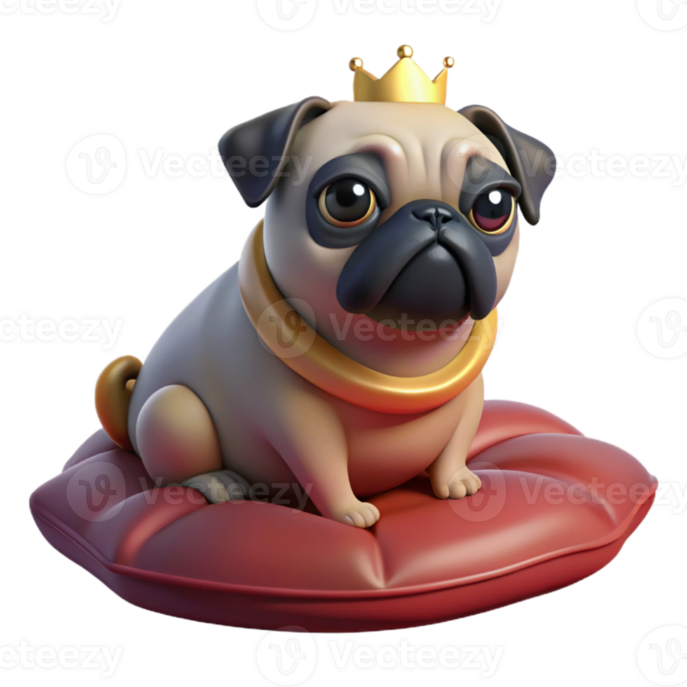 elegant artistic A grumpy looking pug wearing a tiny crown and sitting on a velvet cushion, lit by a warm, Rembrandt style chiaroscuro 4K png