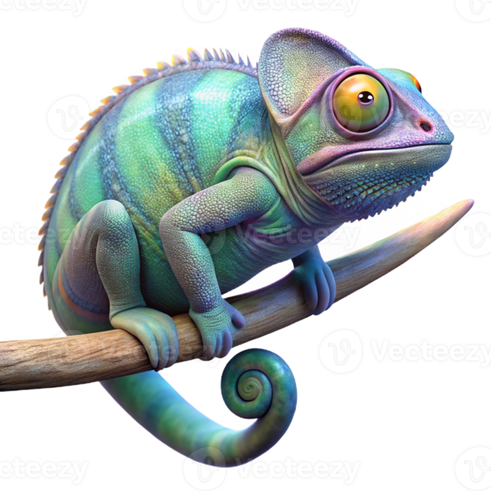 wonderful abstract A chameleon perched on a branch, its skin displaying a mesmerizing array of iridescent colors, rendered in a photorealistic style with macro detail high quality png