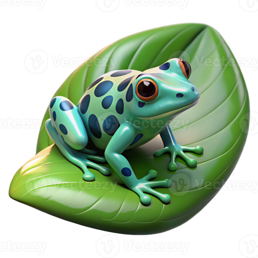 wonderful traditional A tiny, intricately patterned poison dart frog sitting on a large, glossy leaf, lit by a bright, tropical sunlight, rendered in a hyperrealistic style high quality png