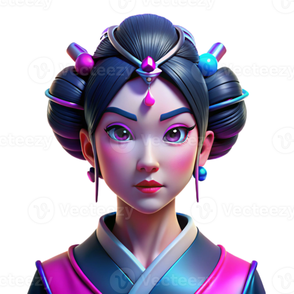 dramatic artistic Portrait of a cyberpunk geisha with vibrant pink and blue neon light reflecting on her face, intricate metallic hair ornaments, and a stoic expression. Detailed, sharp focus.... png