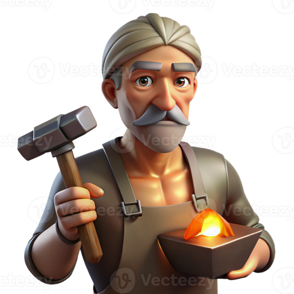 vibrant traditional Portrait of an elderly blacksmith, face etched with wrinkles, illuminated by the warm glow of a forge, holding a hammer. Rembrandt lighting. Realistic style authentic png