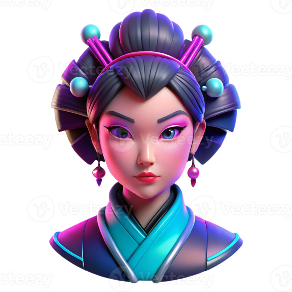 extraordinary abstract Portrait of a cyberpunk geisha with vibrant pink and blue neon light reflecting on her face, intricate metallic hair ornaments, and a stoic expression.... png