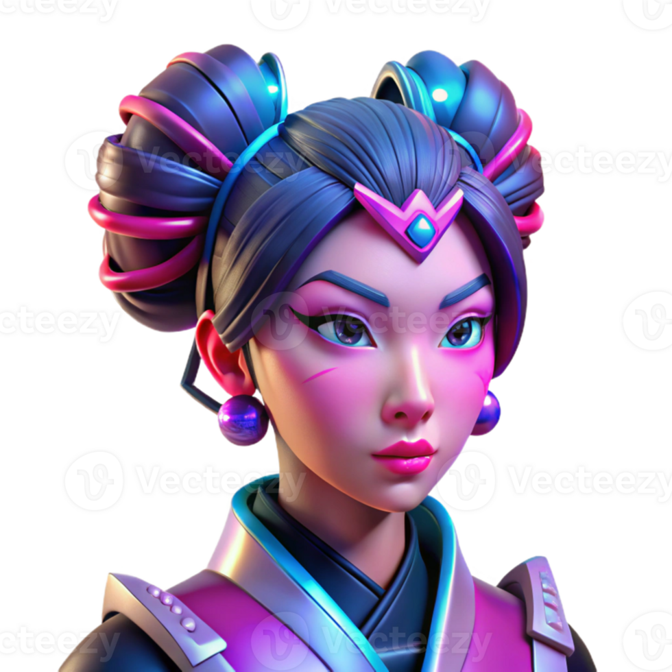 elegant modern Portrait of a cyberpunk geisha with vibrant pink and blue neon light reflecting on her face, intricate metallic hair ornaments, and a stoic expression. Detailed, sharp focus.... png