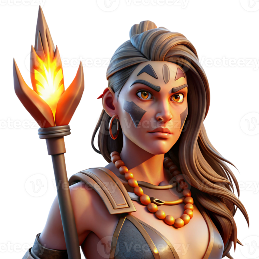 serene rustic Portrait of a fierce warrior woman with tribal war paint, holding a spear, illuminated by a dramatic, fiery backlight. Fantasy art style detailed png