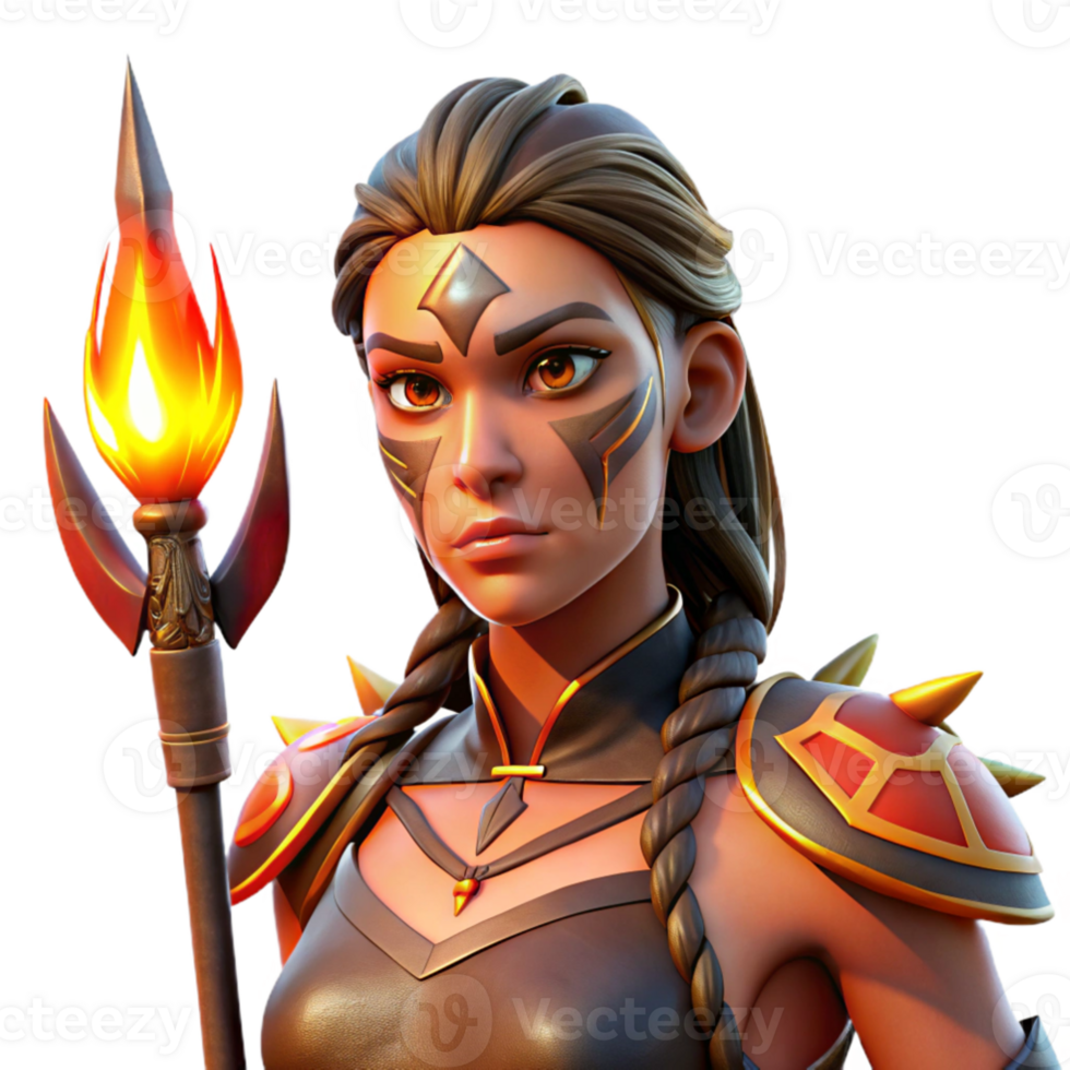 serene modern Portrait of a fierce warrior woman with tribal war paint, holding a spear, illuminated by a dramatic, fiery backlight. Fantasy art style original png
