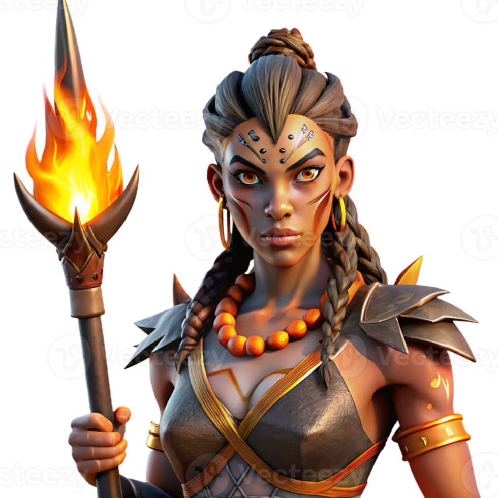 elegant vintage Portrait of a fierce warrior woman with tribal war paint, holding a spear, illuminated by a dramatic, fiery backlight. Fantasy art style genuine png