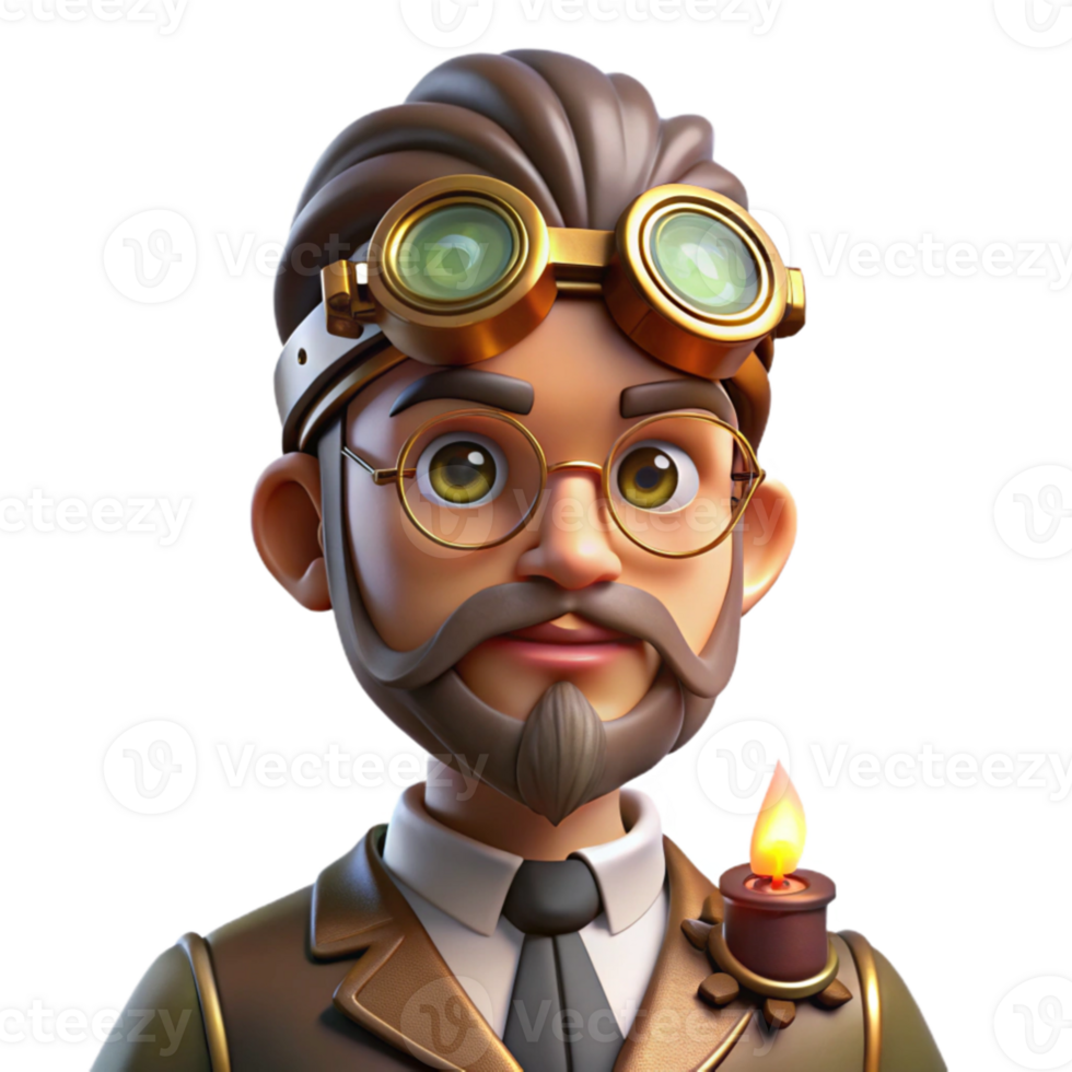 extraordinary creative Portrait of a steampunk inventor with goggles and intricate clockwork gears on their face, lit by flickering candlelight. Steampunk aesthetic detailed png