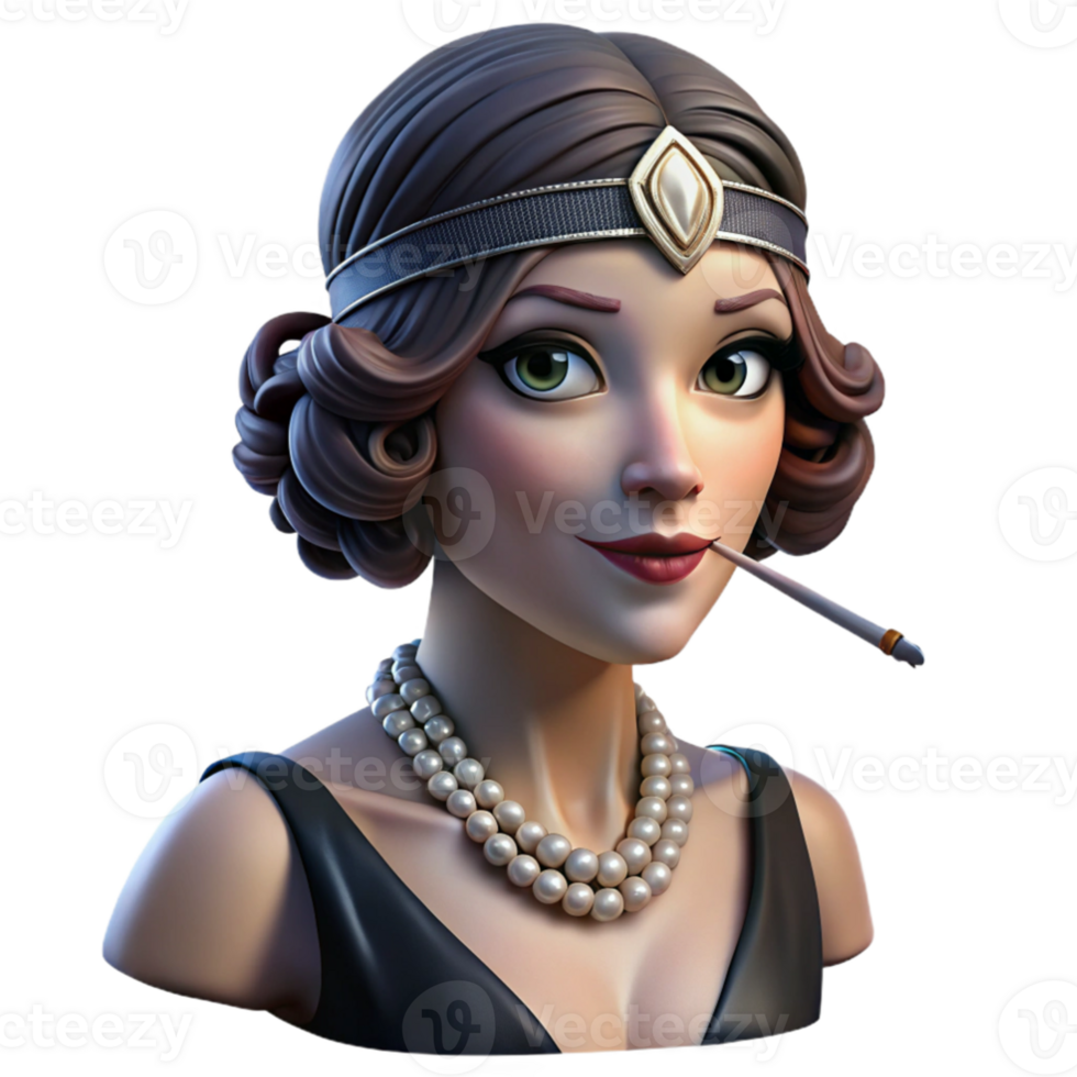 elegant contemporary Portrait of a glamorous 1920s flapper with a beaded headband, smoky eye makeup, and a cigarette holder, illuminated by dramatic stage lighting. Art Deco style high quality png