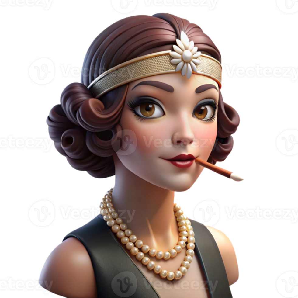 magnificent artistic Portrait of a glamorous 1920s flapper with a beaded headband, smoky eye makeup, and a cigarette holder, illuminated by dramatic stage lighting. Art Deco style high quality png