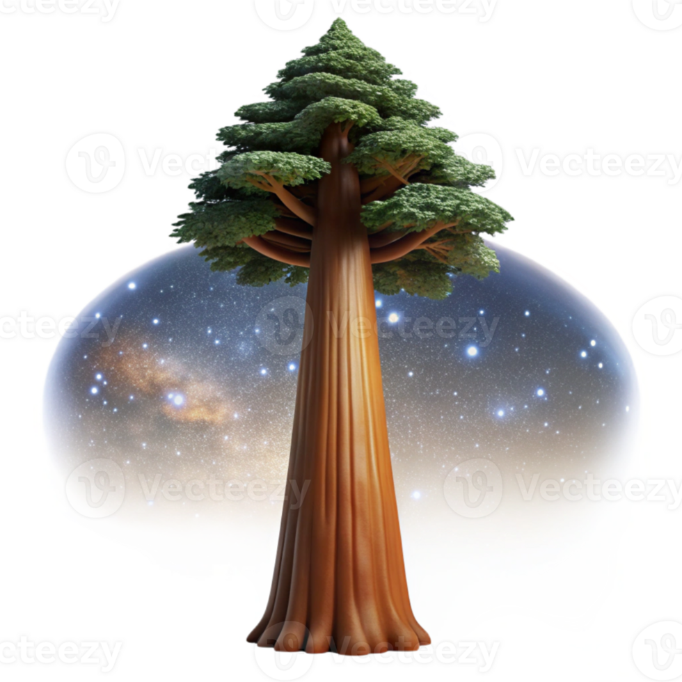 dramatic classic A giant sequoia tree, reaching towards a starry night sky, illuminated by the soft glow of the Milky Way, painting style authentic png